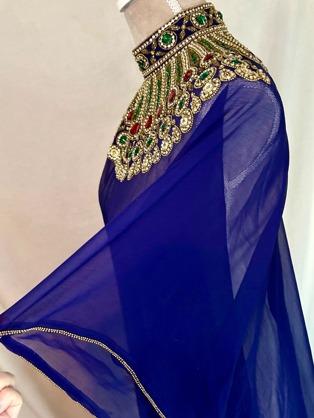Royal Blue Sheer Hand Beaded Gold, Multicolor Farasha Kaftan Gown, Free Size - Picture 9 of 17